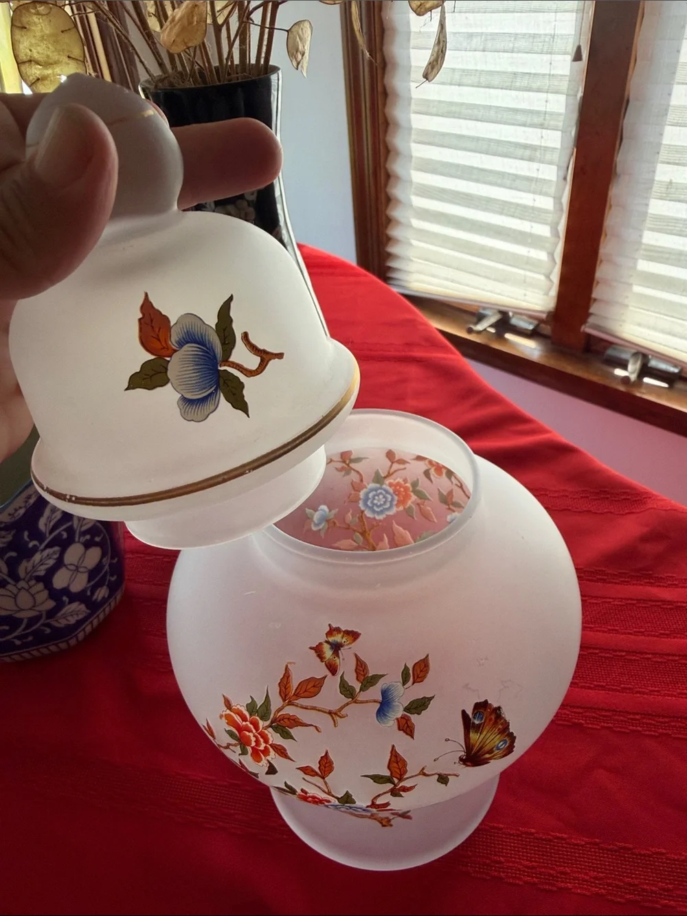 Decorative Frosted Glass Ginger Jar with Floral and Butterfly Motif - White